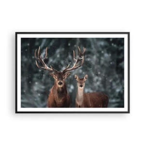 Affiche dans un cadre noir - Poster - Cerf dans une forêt d'hiver enneigée - 100x70cm - Le roi de la forêt avec sa femme - Décoration murale moderne pour le salon et la chambre ARTTOR