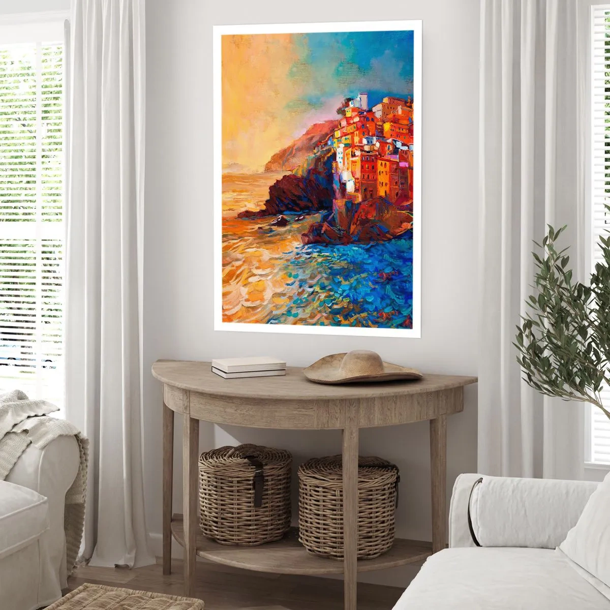 Affiche - Poster - Bâtiments colorés surplombant la falaise et la mer au coucher du soleil - 50x70cm - Climats italien - Décoration murale moderne pour le salon et la chambre ARTTOR