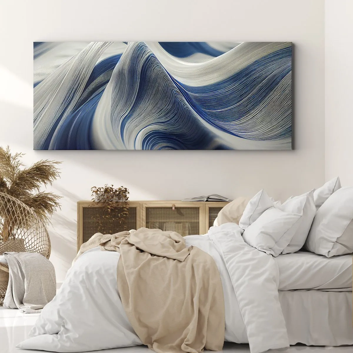 Impression sur toile - Image sur toile - Vagues abstraites dans des tons de bleu et de blanc - 120x50cm - La fluidité du bleu et du blanc - Décoration murale moderne pour le salon et la chambre ARTTOR