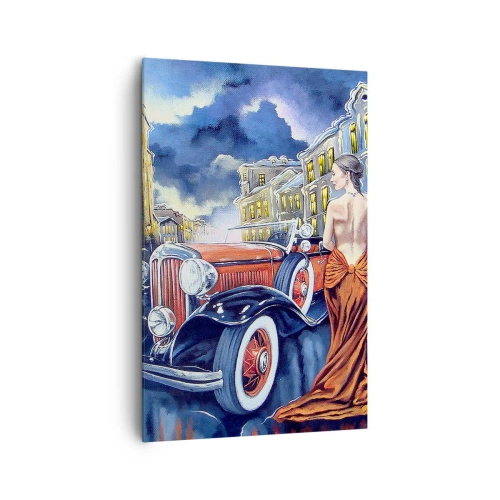 Impression sur toile - Image sur toile - Une femme dans une robe élégante à côté d'une voiture rétro la nuit - 80x120cm - Nocturne en bleu et corail - Décoration murale moderne pour le salon et la chambre ARTTOR