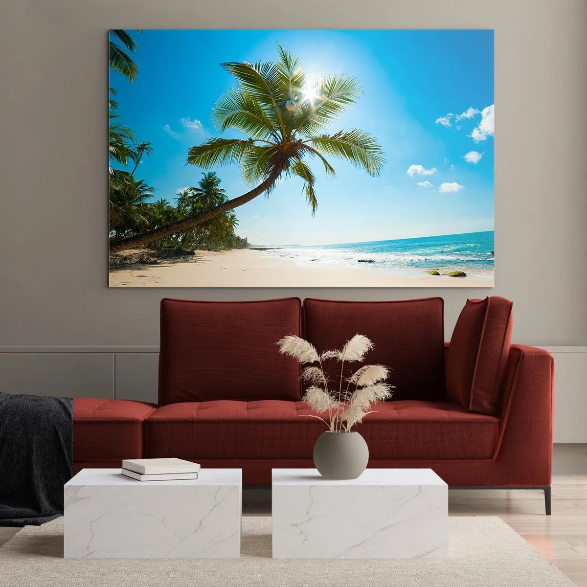 Impression sur verre - Image sur verre - Plage tropicale avec palmiers et ciel bleu - 70x50cm - Ne rien montrer à personne - Décoration murale moderne pour le salon et la chambre ARTTOR