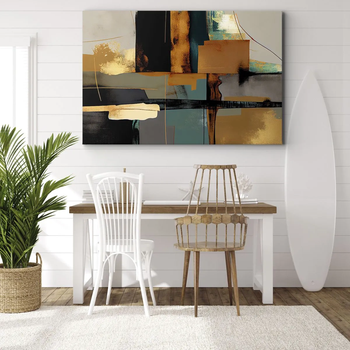 Impression sur toile - Image sur toile - Composition abstraite avec des éléments dorés et turquoise - 70x50cm - Abstraction – lumière et ombre - Décoration murale moderne pour le salon et la chambre ARTTOR