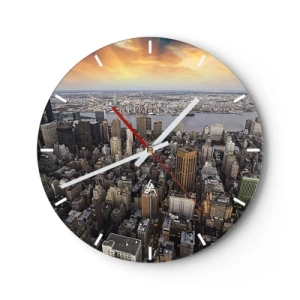 Horloge murale - Pendule murale - Panorama de la ville avec de hauts gratte-ciel au coucher du soleil - 30x30cm - Le cœur battant de notre époque - Décoration murale moderne pour le salon, la cuisine et la chambre ARTTOR