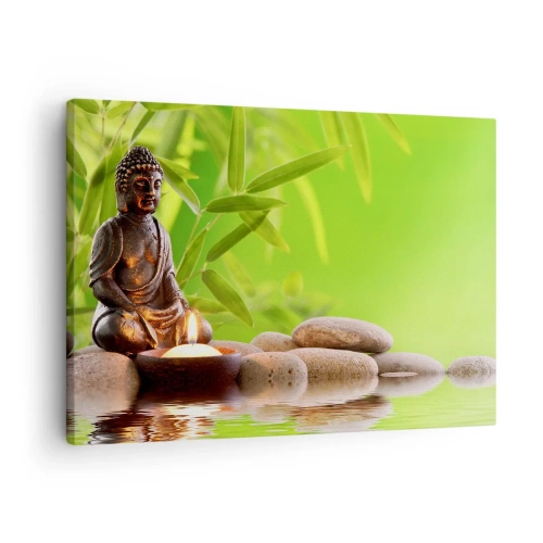Impression sur toile - Image sur toile - Figure de Bouddha avec des pierres et une bougie sur un fond de bambou - 70x50cm - La vie est belle - Décoration murale moderne pour le salon et la chambre ARTTOR