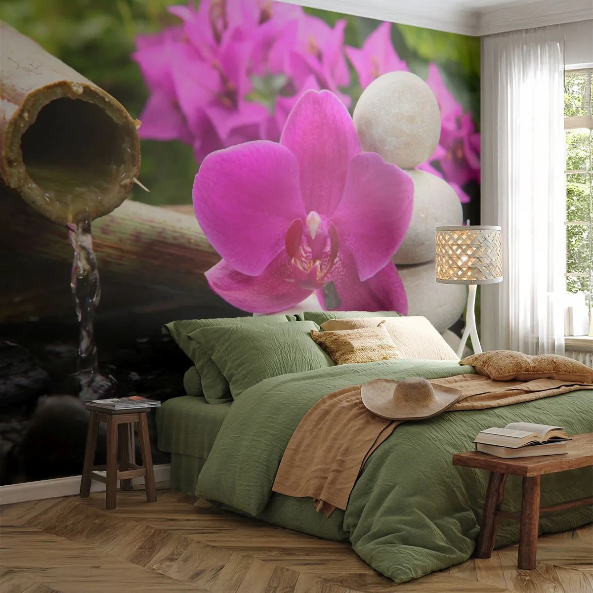 Papier Peint Photo Standard Eco - Tu te reposes déjà - Fleurs, Bambou, Orchidée - 200x140 cm