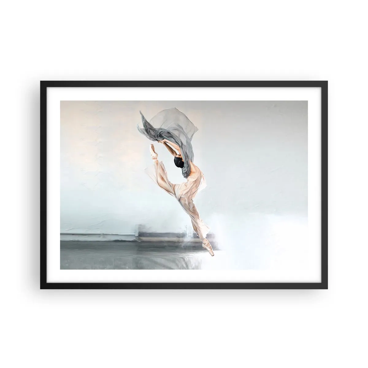 Affiche dans un cadre noir - Poster - Une danseuse en mouvement dynamique sur un fond clair - 70x50cm - Dans le ravissement de la danse - Décoration murale moderne pour le salon et la chambre ARTTOR