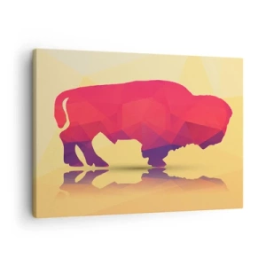 Impression sur toile - Image sur toile - Silhouette géométrique d'un bison dans les tons de rouge et de violet - 70x50cm - La force amarante du bison - Décoration murale moderne pour le salon et la chambre ARTTOR