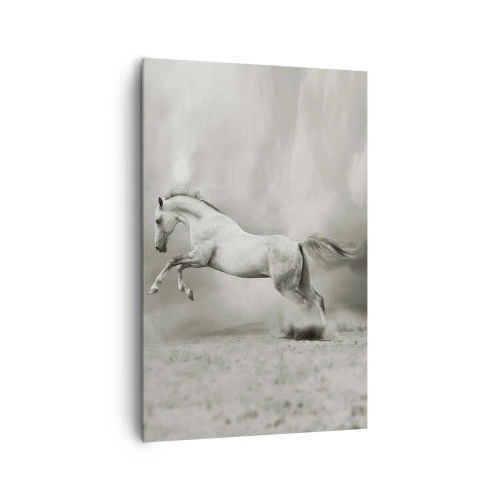 Impression sur toile - Image sur toile - Un cheval blanc dans un saut dynamique sur fond de nuages brumeux. - 80x120cm - Entre le réveil et le sommeil - Décoration murale moderne pour le salon et la chambre ARTTOR