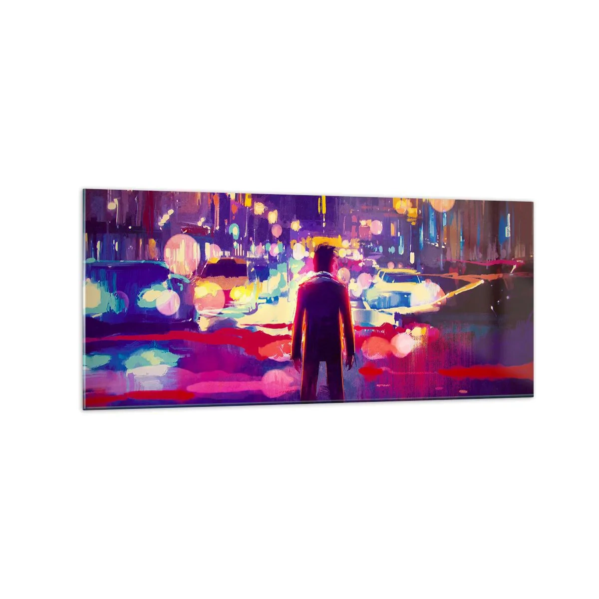 Impression sur verre - Image sur verre - Un homme dans une scène nocturne de ville au néon - 120x50cm - Immergé dans la lumière - Décoration murale moderne pour le salon et la chambre ARTTOR