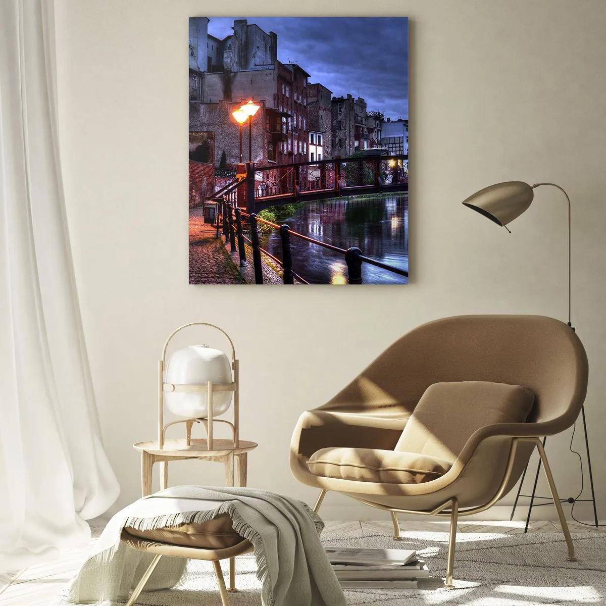 Impression sur verre - Image sur verre - Une charmante rue le long du canal avec un pont et un éclairage du soir - 50x70cm - Tu n'as pas connu ce Bydgoszcz - Décoration murale moderne pour le salon et la chambre ARTTOR