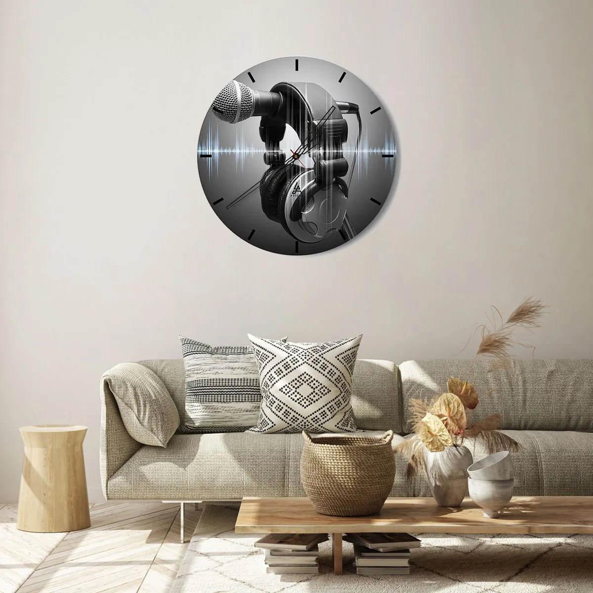 Horloge murale - Pendule murale - Microphone et casque avec onde sonore sur fond gris - 30x30cm - Vous pouvez encore entendre son chant - Décoration murale moderne pour le salon, la cuisine et la chambre ARTTOR