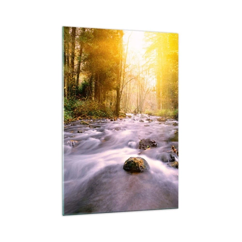 Impression sur verre - Image sur verre - Un ruisseau forestier illuminé par les rayons du soleil - 70x100cm - Malachite dans un cadre argent et or - Décoration murale moderne pour le salon et la chambre ARTTOR