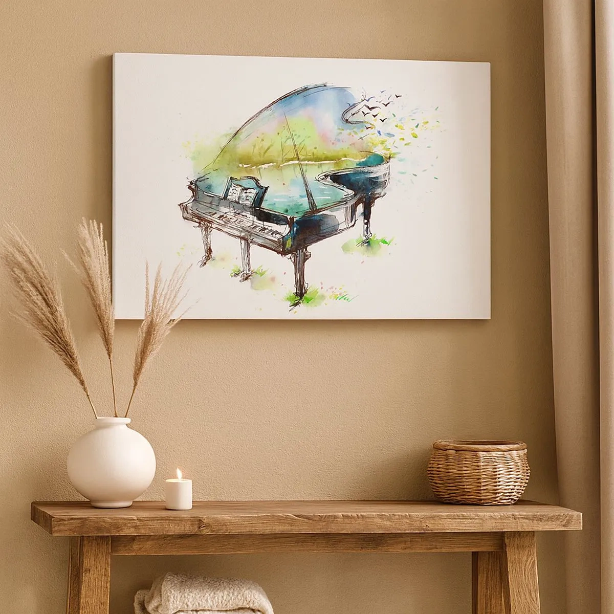 Impression sur toile - Image sur toile - Aquarelle artistique d'un piano avec la nature en arrière-plan - 70x50cm - Enchanté en musique - Décoration murale moderne pour le salon et la chambre ARTTOR