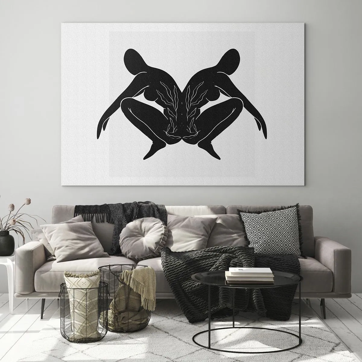 Impression sur verre - Image sur verre - Figures noires formant un cœur symétrique sur fond blanc - 70x50cm - Une âme commune - Décoration murale moderne pour le salon et la chambre ARTTOR