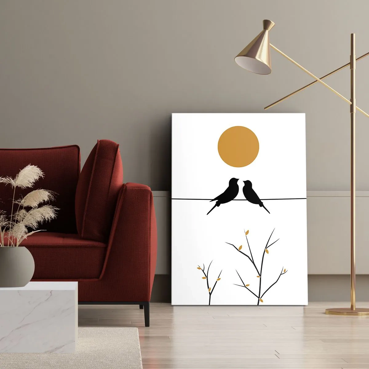 Impression sur toile - Image sur toile - Oiseaux sur une ligne avec un soleil jaune - 50x70cm - Soirée pour rossignols - Décoration murale moderne pour le salon et la chambre ARTTOR