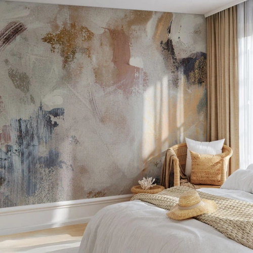 Papier Peint Photo Premium Canvas - Taches abstraites dans des tons neutres de beige et d'or - 100x70cm - Abstraction brumeuse - Décoration murale moderne pour le salon et la chambre ARTTOR