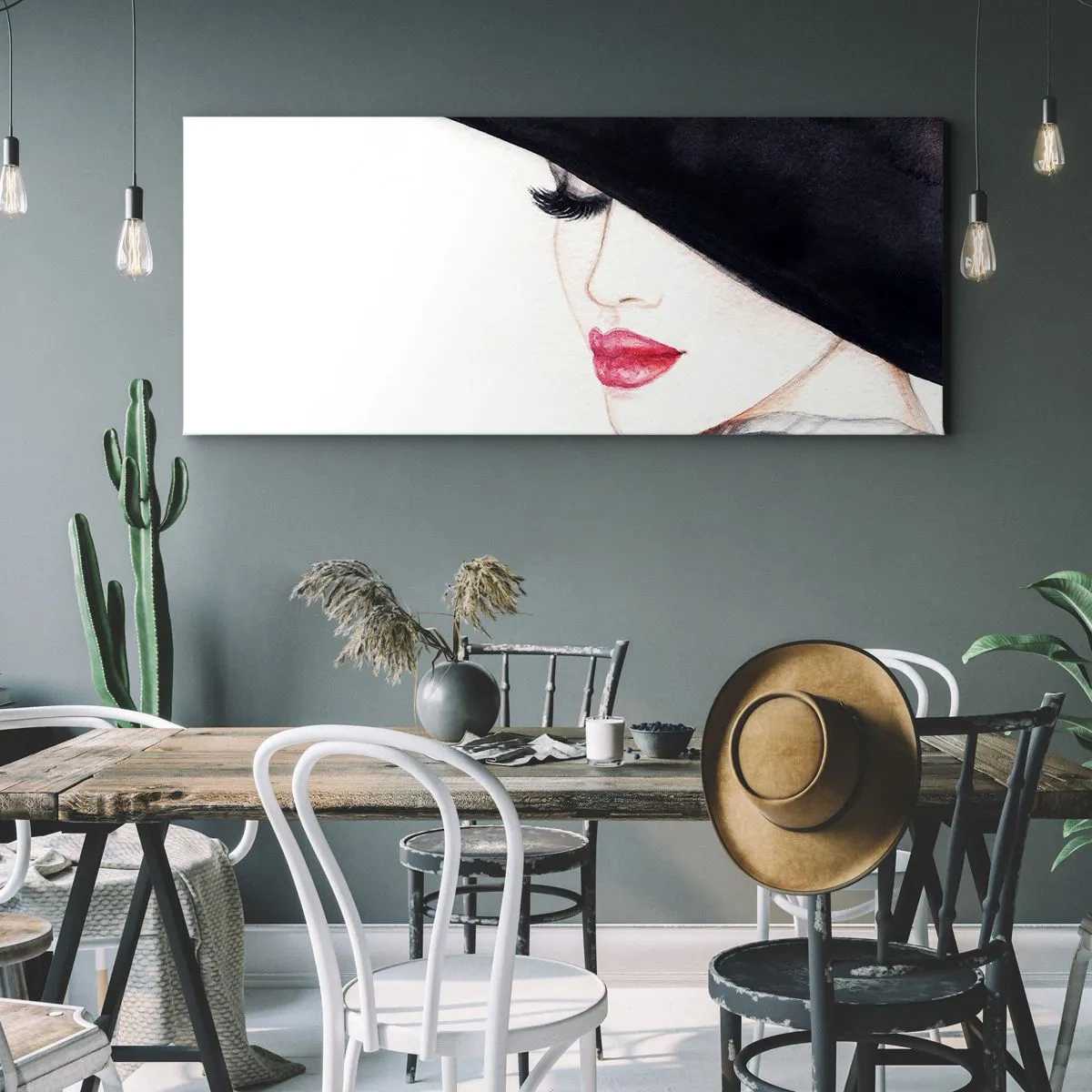 Impression sur toile - Image sur toile - Une illustration subtile d'une femme portant un chapeau noir et des lèvres rouges - 160x50cm - Élégance et sensualité - Décoration murale moderne pour le salon et la chambre ARTTOR
