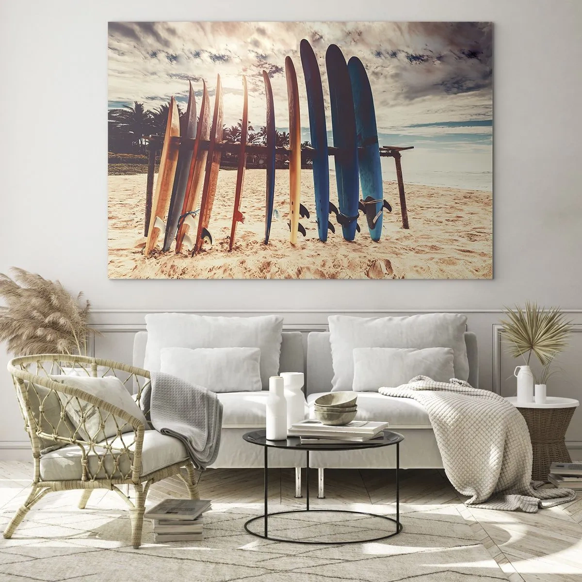 Impression sur verre - Image sur verre - Planches de surf colorées alignées sur la plage au coucher du soleil - 70x50cm - Bonne nuit, à demain - Décoration murale moderne pour le salon et la chambre ARTTOR