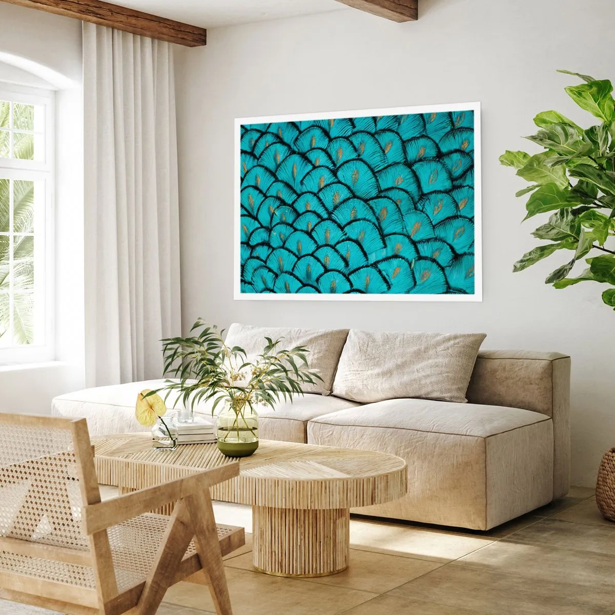 Affiche - Poster - Un motif ressemblant à des écailles turquoise avec des accents dorés - 100x70cm - Le grand gala des plumes - Décoration murale moderne pour le salon et la chambre ARTTOR