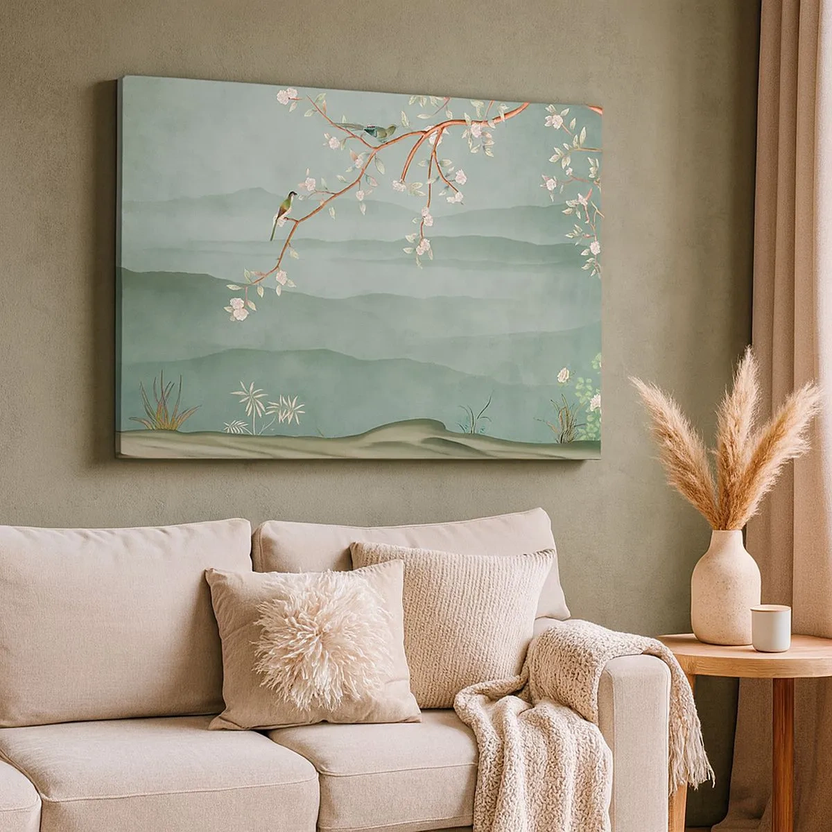 Impression sur toile - Image sur toile - Une image pittoresque d'une branche d'arbre en fleurs avec des oiseaux sur fond de collines verdoyantes. - 70x50cm - Printemps oh c'est toi - Décoration murale moderne pour le salon et la chambre ARTTOR