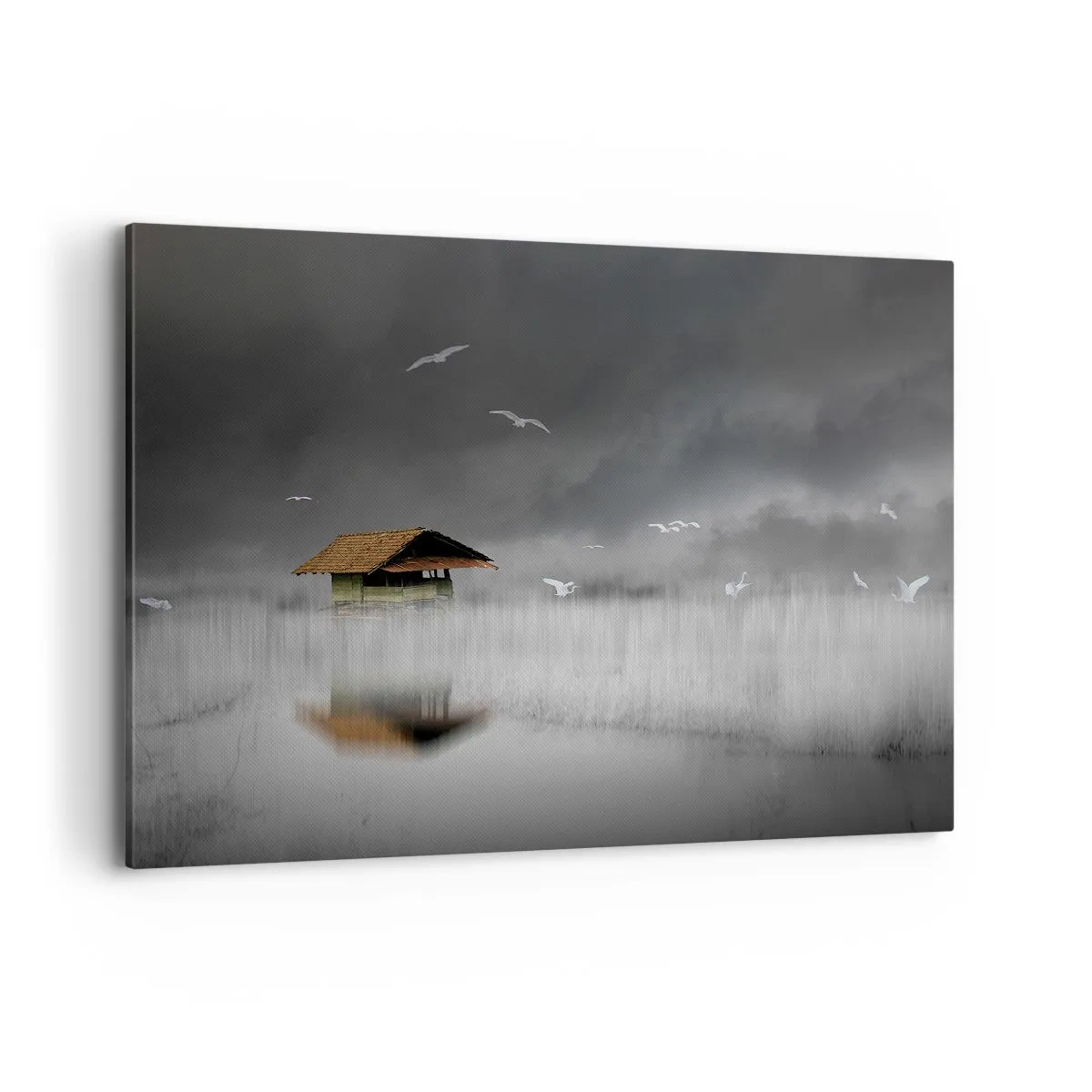 Impression sur toile - Image sur toile - Un chalet solitaire sur l'eau entouré de brouillard et d'oiseaux - 100x70cm - A l'abri de la pluie - Décoration murale moderne pour le salon et la chambre ARTTOR
