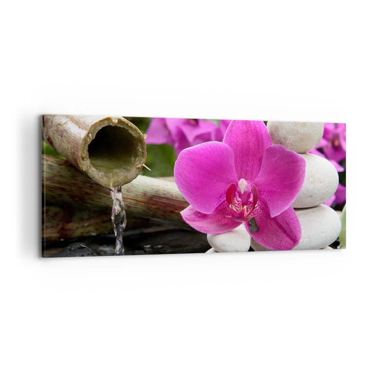 Impression sur toile - Image sur toile - Orchidée violette, pierres et bambou avec de l'eau dans un cadre relaxant - 120x50cm - Tu te reposes déjà - Décoration murale moderne pour le salon et la chambre ARTTOR
