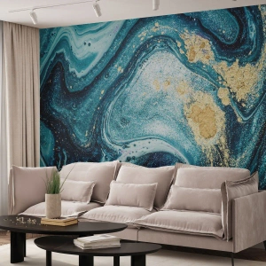 Papier Peint Photo Premium Canvas - Une composition abstraite de vagues et d'accents dorés - 100x70cm - Vortex bleu - Décoration murale moderne pour le salon et la chambre ARTTOR