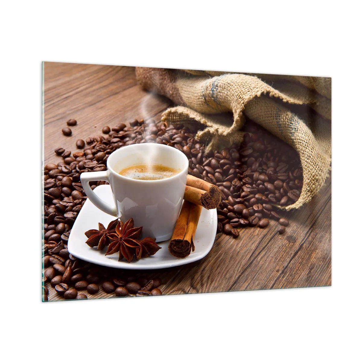 Impression sur verre - Image sur verre - Une tasse de café avec de la cannelle et des grains de café sur une table en bois - 100x70cm - Saveur et arôme épicés - Décoration murale moderne pour le salon et la chambre ARTTOR