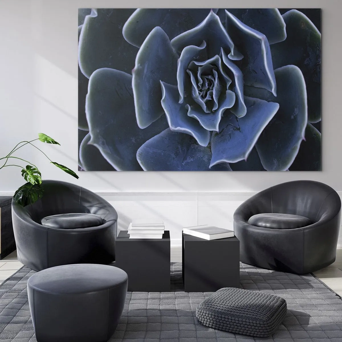 Impression sur verre - Image sur verre - Photographie macro d'une succulente dans des tons de bleu froid - 70x50cm - Fleur du désert - Décoration murale moderne pour le salon et la chambre ARTTOR
