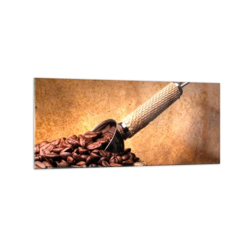 Impression sur verre - Image sur verre - Grains de café dans un sac en jute avec une cuillère en métal - 120x50cm - A la source de la saveur - Décoration murale moderne pour le salon et la chambre ARTTOR