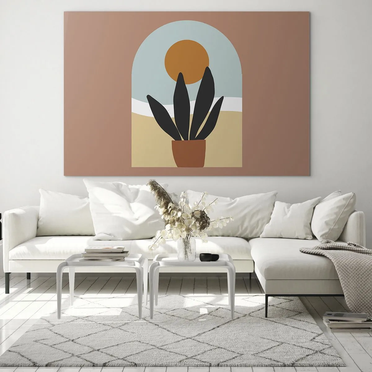 Impression sur verre - Image sur verre - Une scène abstraite avec une plante en pot et le soleil en arrière-plan, dans des couleurs pastel. - 120x80cm - Petits bonheurs - Décoration murale moderne pour le salon et la chambre ARTTOR
