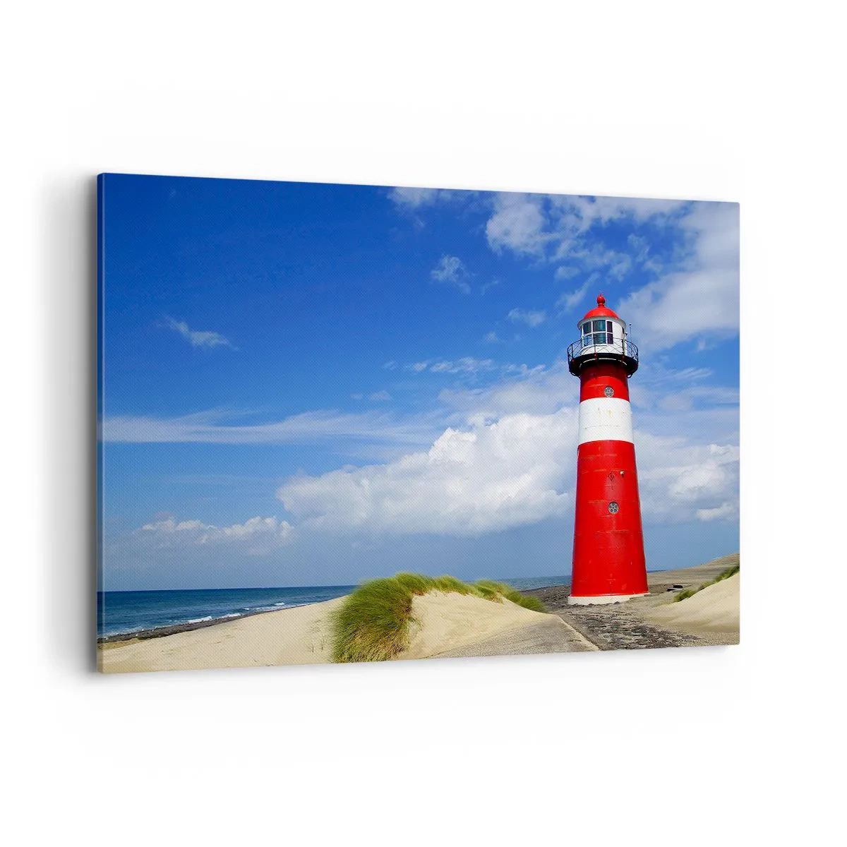 Impression sur toile - Image sur toile - Phare rouge sur la plage sous un ciel bleu - 100x70cm - Rêve de solitude - Décoration murale moderne pour le salon et la chambre ARTTOR