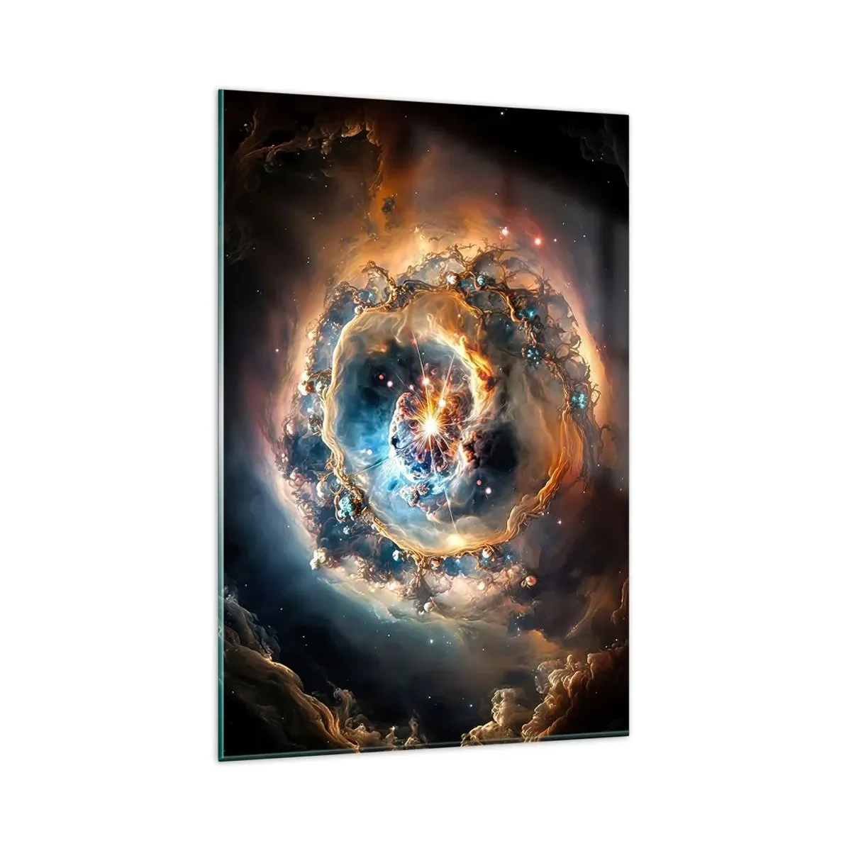 Impression sur verre - Image sur verre - Une vision abstraite d'une explosion cosmique dans des tons d'or et de bleu. - 80x120cm - Le début - Décoration murale moderne pour le salon et la chambre ARTTOR