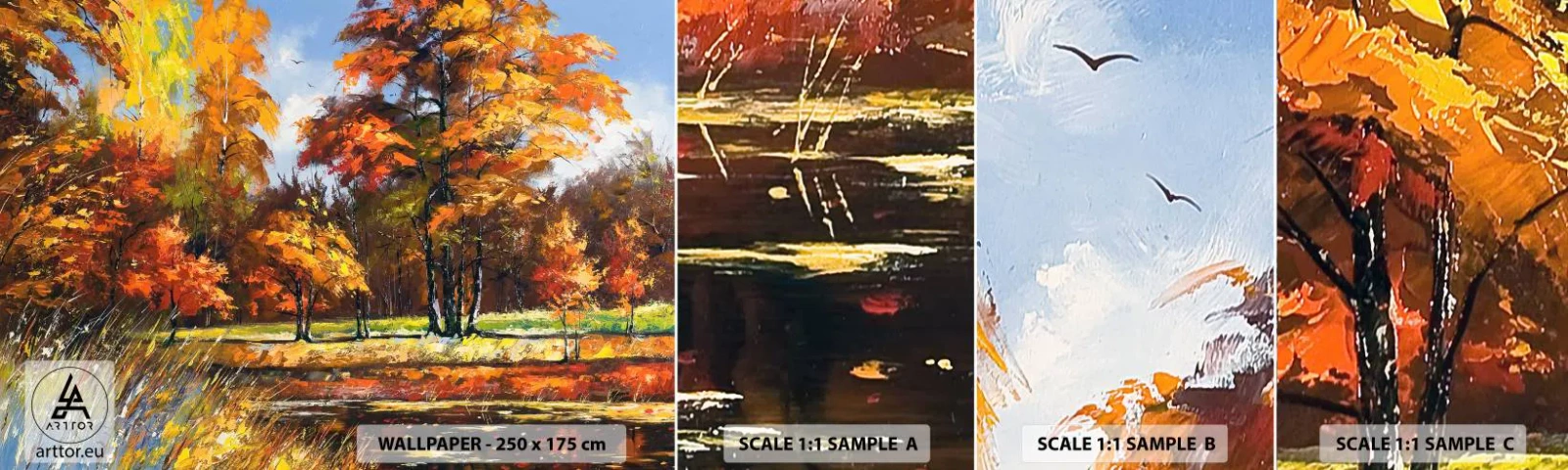 Échantillon de Papier Peint Autocollant Deluxe Sticker - Paysage en or et bronze - Paysage, Forêt, Impressionnisme - 100x30 cm