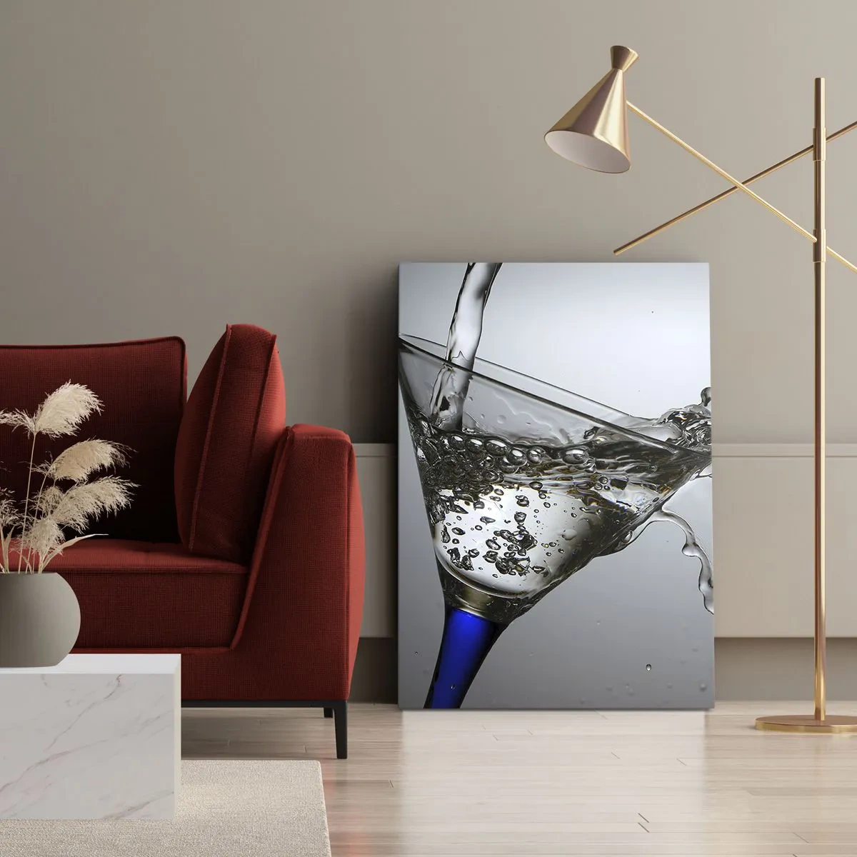 Impression sur toile - Image sur toile - Un verre d'eau en mouvement sur un fond clair - 70x100cm - Eau cristalline dans un verre cristal - Décoration murale moderne pour le salon et la chambre ARTTOR