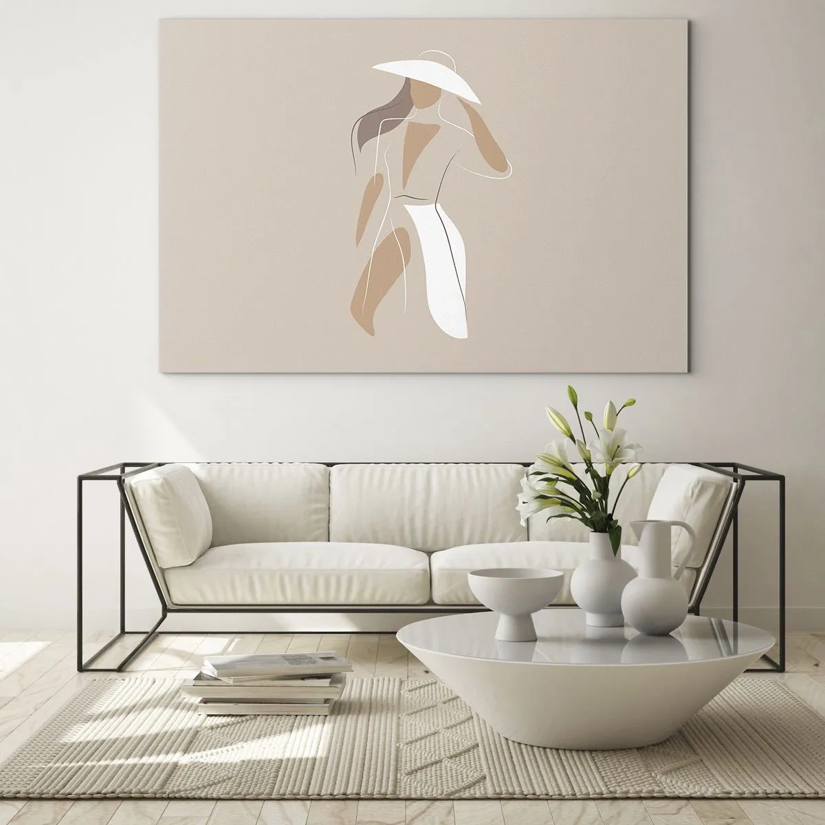 Impression sur verre - Image sur verre - Figure stylisée d'une femme au chapeau blanc - 120x80cm - Lea mode est un jeu - Décoration murale moderne pour le salon et la chambre ARTTOR