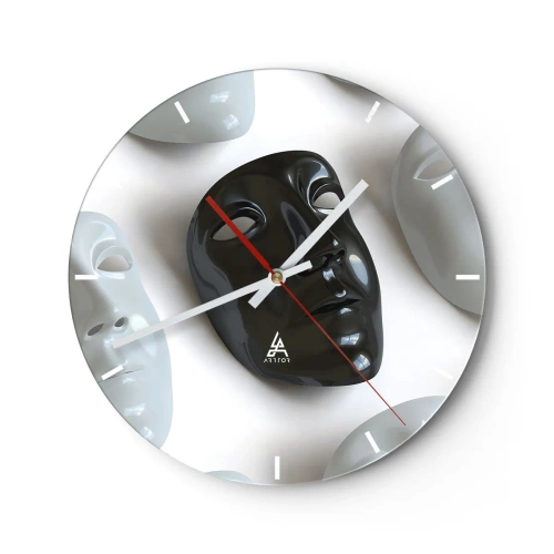 Horloge murale - Pendule murale - Un masque noir entouré de masques blancs sur un fond clair - 30x30cm - Comment se démarquer ? - Décoration murale moderne pour le salon, la cuisine et la chambre ARTTOR