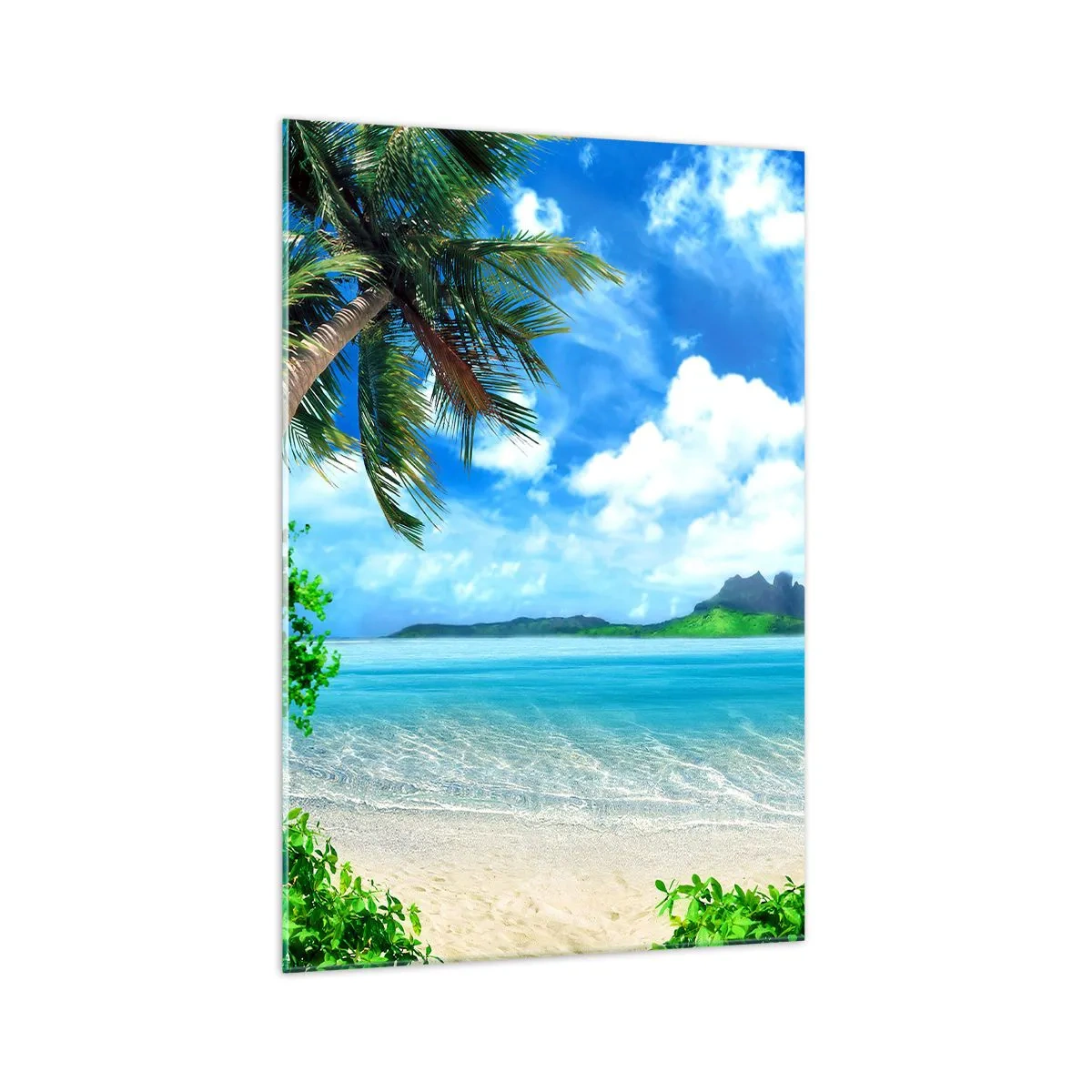 Impression sur verre - Image sur verre - Plage tropicale avec palmiers et vue sur l'île - 70x100cm - L'azur des tropiques - Décoration murale moderne pour le salon et la chambre ARTTOR