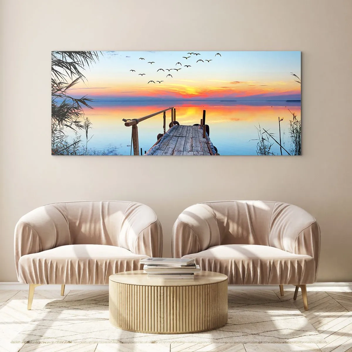 Impression sur verre - Image sur verre - Jetée en bois sur le lac au coucher du soleil - 120x50cm - Il est temps de rentrer... - Décoration murale moderne pour le salon et la chambre ARTTOR