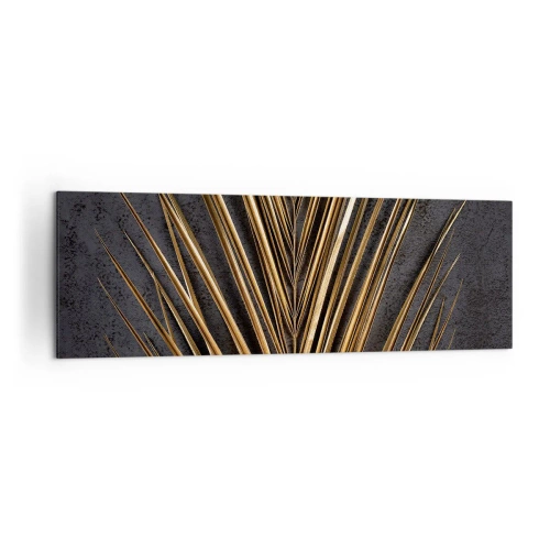 Impression sur toile - Image sur toile - Feuille tropicale dorée sur fond noir - 160x50cm - L'or des tropiques - Décoration murale moderne pour le salon et la chambre ARTTOR