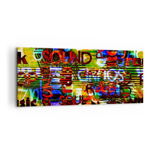 Impression sur toile - Image sur toile - Abstraction colorée avec des inscriptions musicales dans un style pop art - 120x50cm - Toutes les nuances du son - Décoration murale moderne pour le salon et la chambre ARTTOR