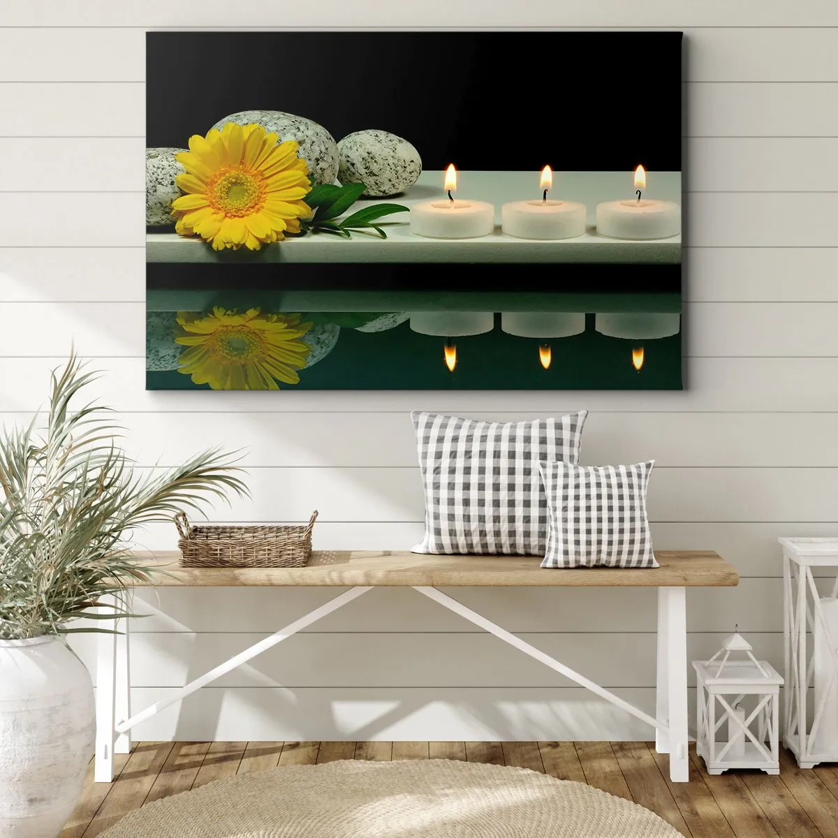 Impression sur toile - Image sur toile - Fleur jaune, bougies et pierres sur fond d'eau - 70x50cm - Apaisement des sens - Décoration murale moderne pour le salon et la chambre ARTTOR