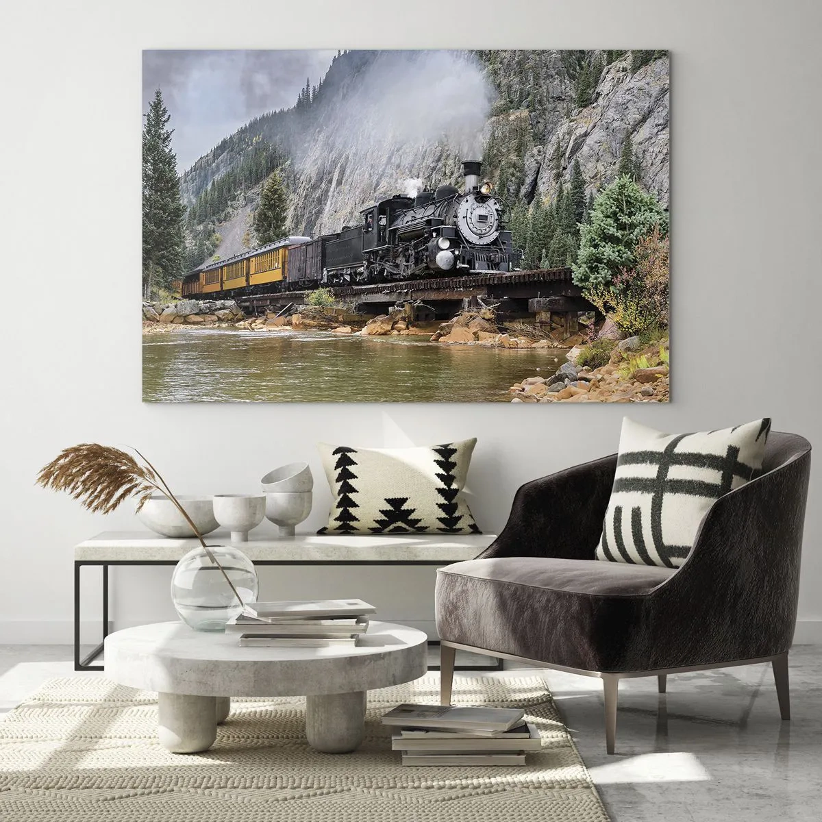 Impression sur verre - Image sur verre - Une locomotive à vapeur sur un pont dans les montagnes - 100x70cm - Et lui jusqu'où? Jusqu'où? - Décoration murale moderne pour le salon et la chambre ARTTOR
