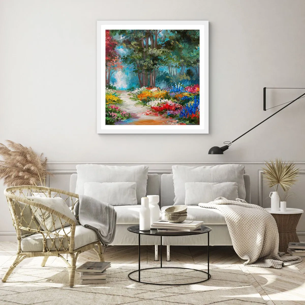 Affiche dans un cadre blanc - Poster - Jardin forestier, forêt de fleurs - 30x30 cm