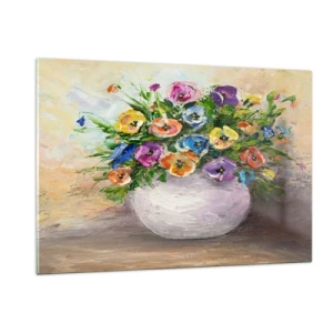 Impression sur verre - Image sur verre - Un bouquet de fleurs colorées dans un vase blanc - 120x80cm - Nature morte dans un vase blanc - Décoration murale moderne pour le salon et la chambre ARTTOR