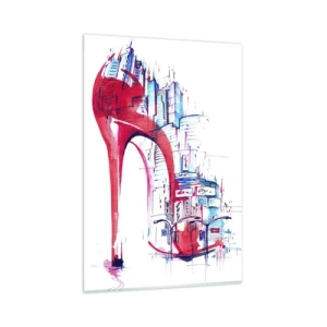 Impression sur verre - Image sur verre - Talon aiguille rouge abstrait avec détails urbains - 80x120cm - L'élégance des grandes villes - Décoration murale moderne pour le salon et la chambre ARTTOR