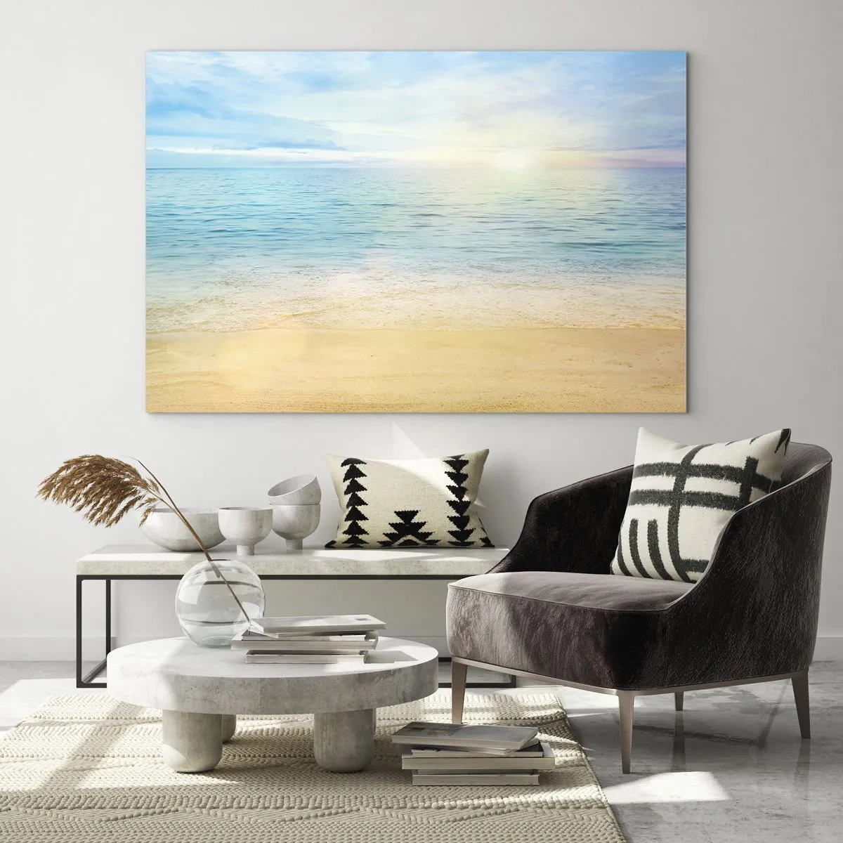 Impression sur verre - Image sur verre - Une plage ensoleillée avec une mer et un ciel azur - 100x70cm - Le grand bleu - Décoration murale moderne pour le salon et la chambre ARTTOR
