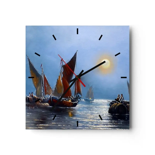 Horloge murale - Pendule murale - Bateaux à voiles sur une eau calme au coucher du soleil - 30x30cm - Pêche de nuit - Décoration murale moderne pour le salon et la chambre ARTTOR