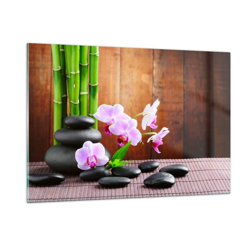 Impression sur verre - Image sur verre - Orchidées roses, bambou et pierres noires contre un mur en bois - 120x80cm - Rencontrez les plaisirs de l'est - Décoration murale moderne pour le salon et la chambre ARTTOR
