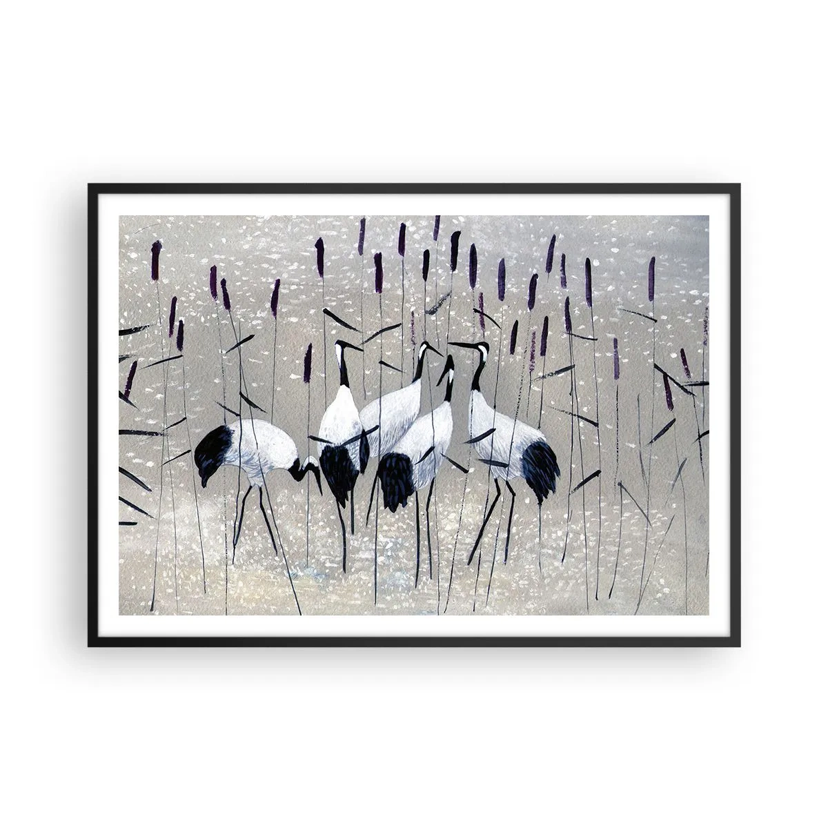 Affiche dans un cadre noir - Poster - Hérons dans l'herbe sur un fond paisible - 100x70cm - Parmi les siens - Décoration murale moderne pour le salon et la chambre ARTTOR